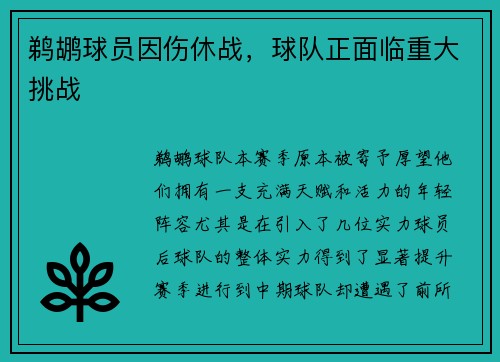 鹈鹕球员因伤休战，球队正面临重大挑战
