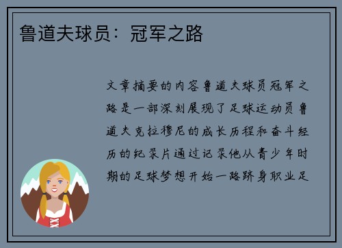鲁道夫球员：冠军之路
